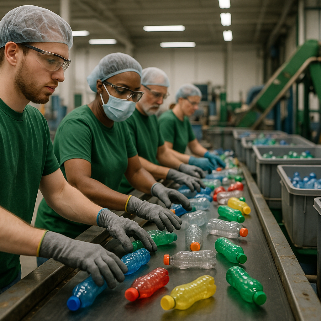 Sorting Plastic Bottles at Recycling Facility Workers sorting different colored plastic bottles on a conveyor belt in a clean recycling facility with bright lighting.