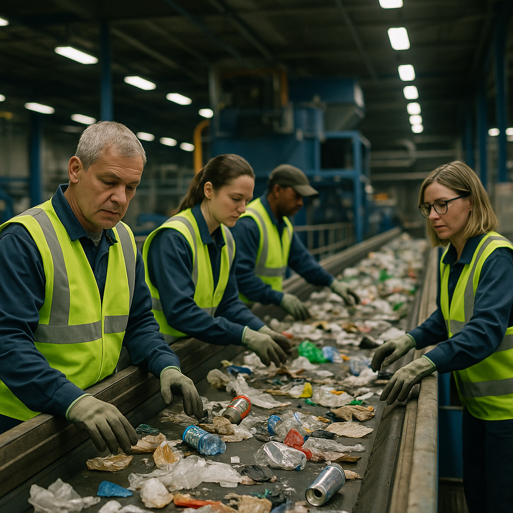 Workers sorting recyclable materials on conveyor belts in a modern recycling facility with industrial machines operating in the background.