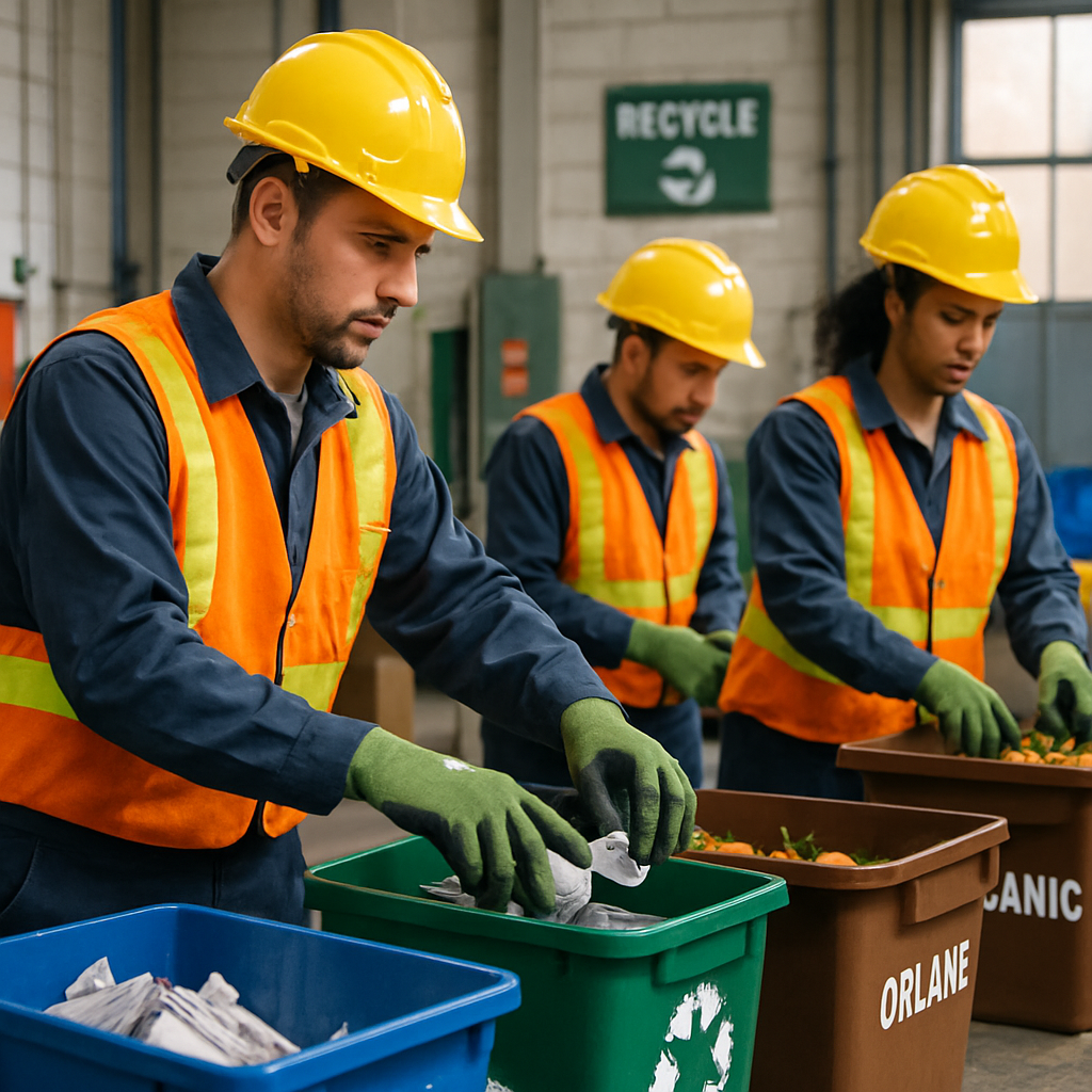 Sorting Recyclables at a Modern Facility Workers sorting recyclable materials and organic waste at a modern recycling facility, organized bins, safety uniforms under realistic lighting.