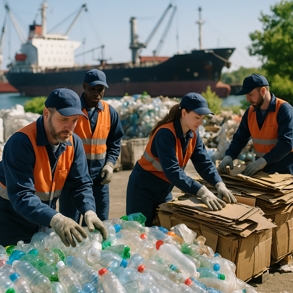 Workers sorting recyclable materials like plastic and cardboard at a busy port, with cargo ships in the background and greenery nearby under clear daylight.