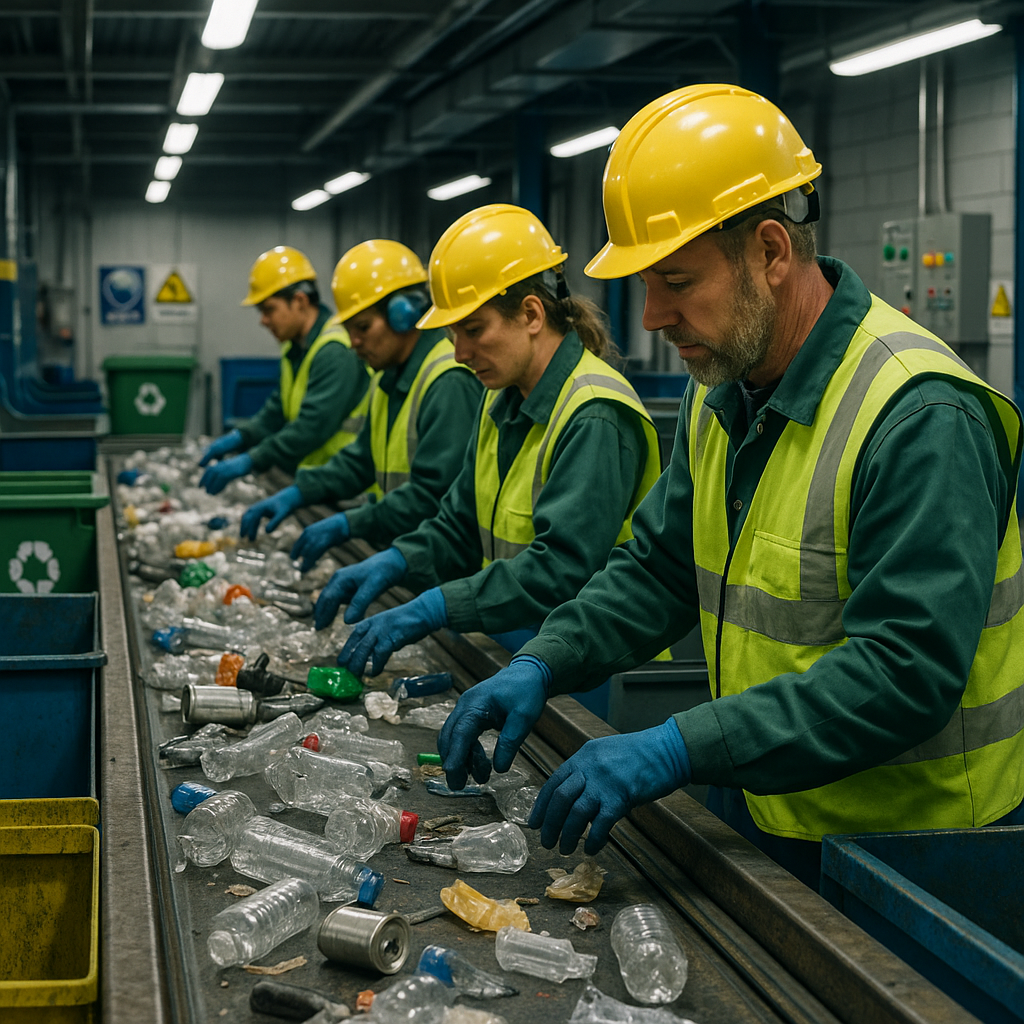Modern Recycling Facility Operations Workers sorting plastic and metal items on a conveyor belt in a modern recycling facility with bright overhead lights and detailed equipment.