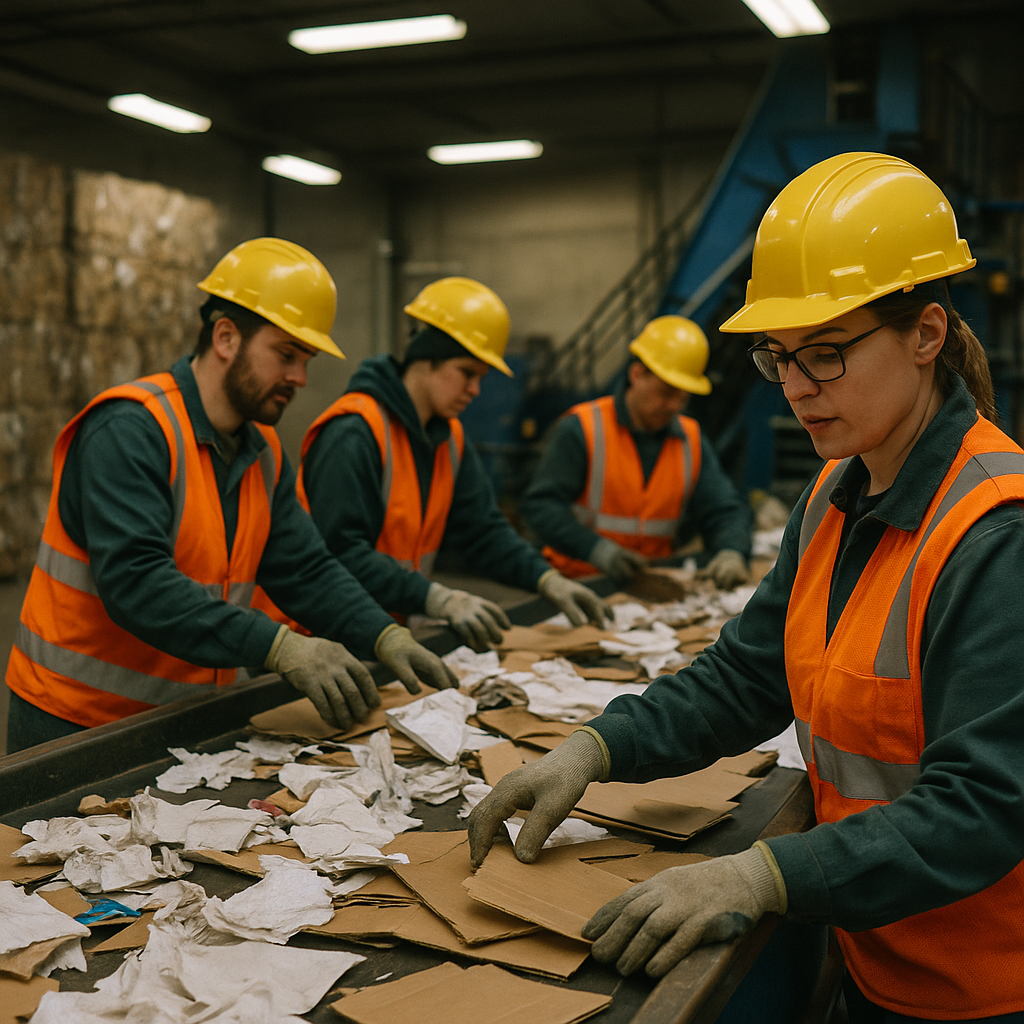 Workers Sorting Recycling Materials Workers sorting paper and cardboard boxes on a conveyor belt in a recycling facility with machinery in the background.