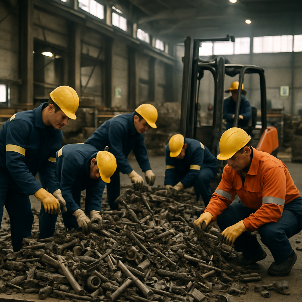 Sorting Scrap Metal in an Industrial Warehouse Workers in safety gear sorting and organizing piles of scrap metal in an industrial warehouse with forklifts in use during the daytime.