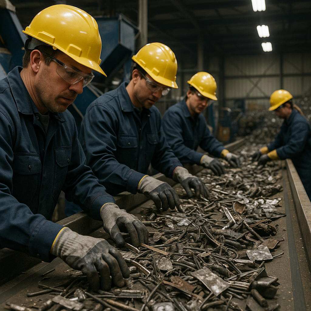Sorting Scrap Metal at Recycling Facility Workers in safety gear sorting scrap metal on a conveyor belt inside an industrial recycling facility, with machinery and piles of metal in the background.