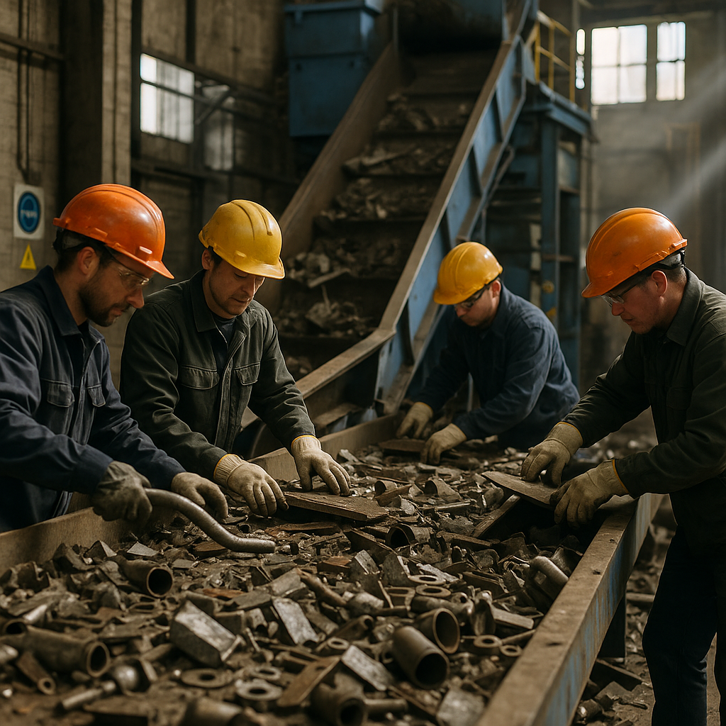 Workers in safety gear sorting and loading scrap metal at a recycling facility with large machinery in the background and sunlight streaming through industrial windows.