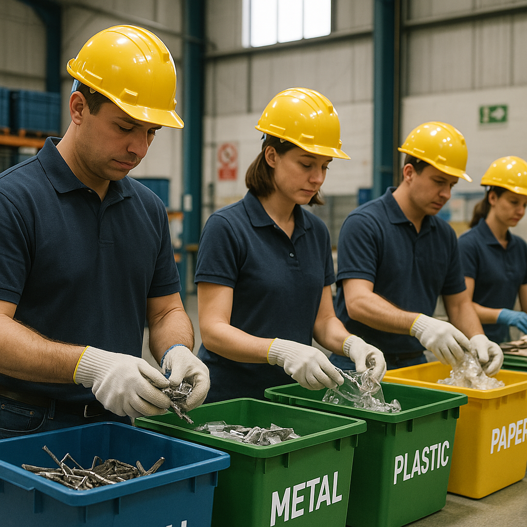 Organized Scrap Sorting in Industrial Warehouse Workers sorting metal and plastic scraps into labeled bins in a clean industrial warehouse with safety gear and organized environment under daylight.