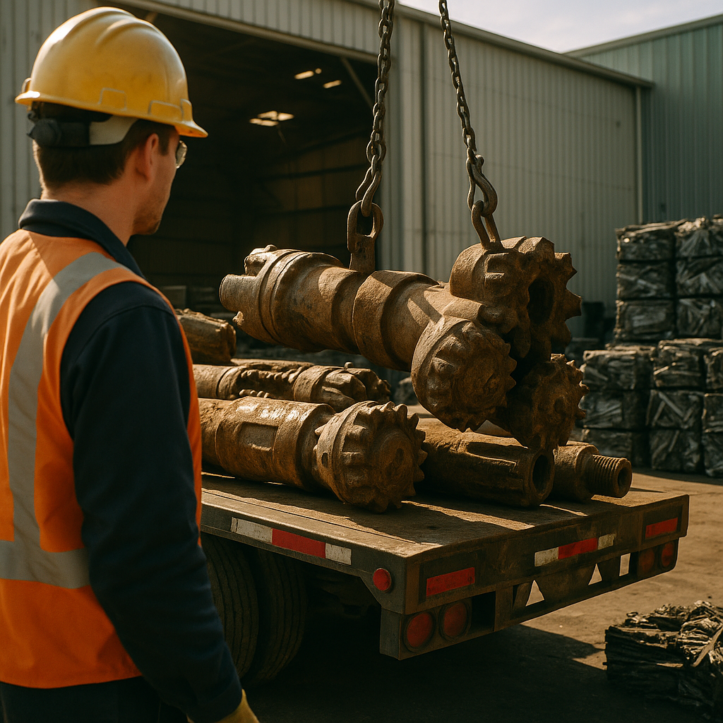 Pile of worn drilling rig components being loaded for recycling, with a factory worker overseeing in an industrial setting illuminated by sunlight.