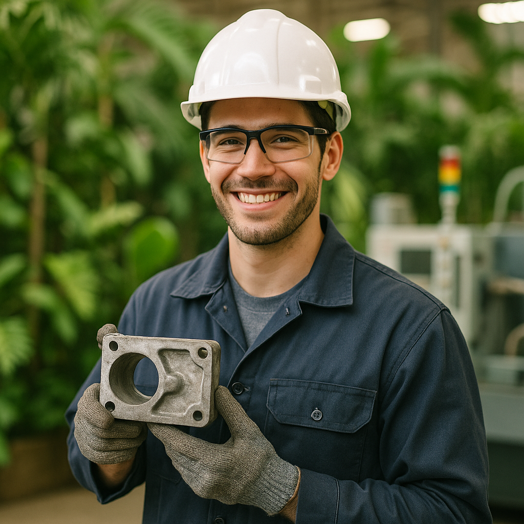 Smiling young engineer holding a recycled metal part in an environmentally friendly factory with green plants and modern machinery visible.