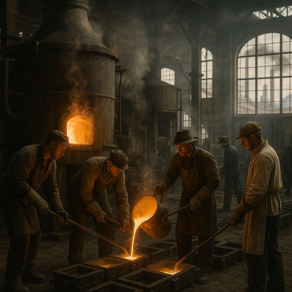 19th-Century Factory Interior with Steel Furnaces 19th-century factory interior with large steel furnaces and molten metal pouring into molds, showcasing workers in period clothing and industrial smokestacks in the background.