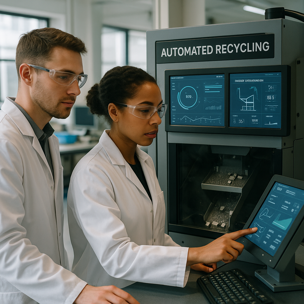 Engineers at Work in a Modern Recycling Lab Engineers operating an advanced automated recycling machine that separates magnets, with digital screens displaying technical data in a modern laboratory environment.