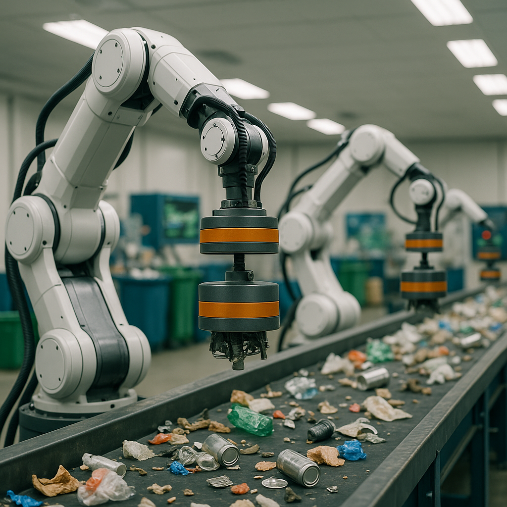 Futuristic Recycling Plant with Robotics An advanced recycling plant with automated robotic arms using futuristic magnets to sort materials in a bright and clean setting, showcasing innovative technology.