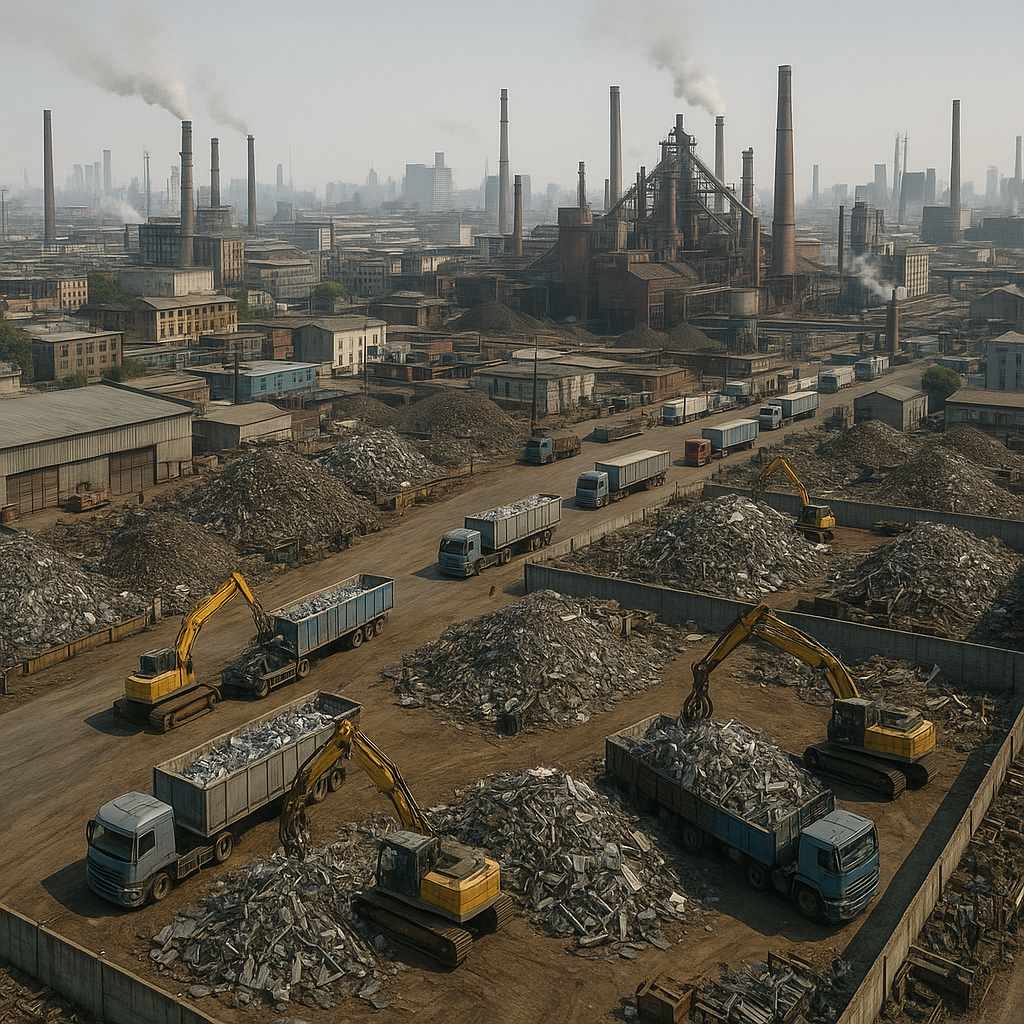Aerial view of various industrial cities featuring busy scrap yards, steel factories, and cargo trucks loading stainless steel scrap.