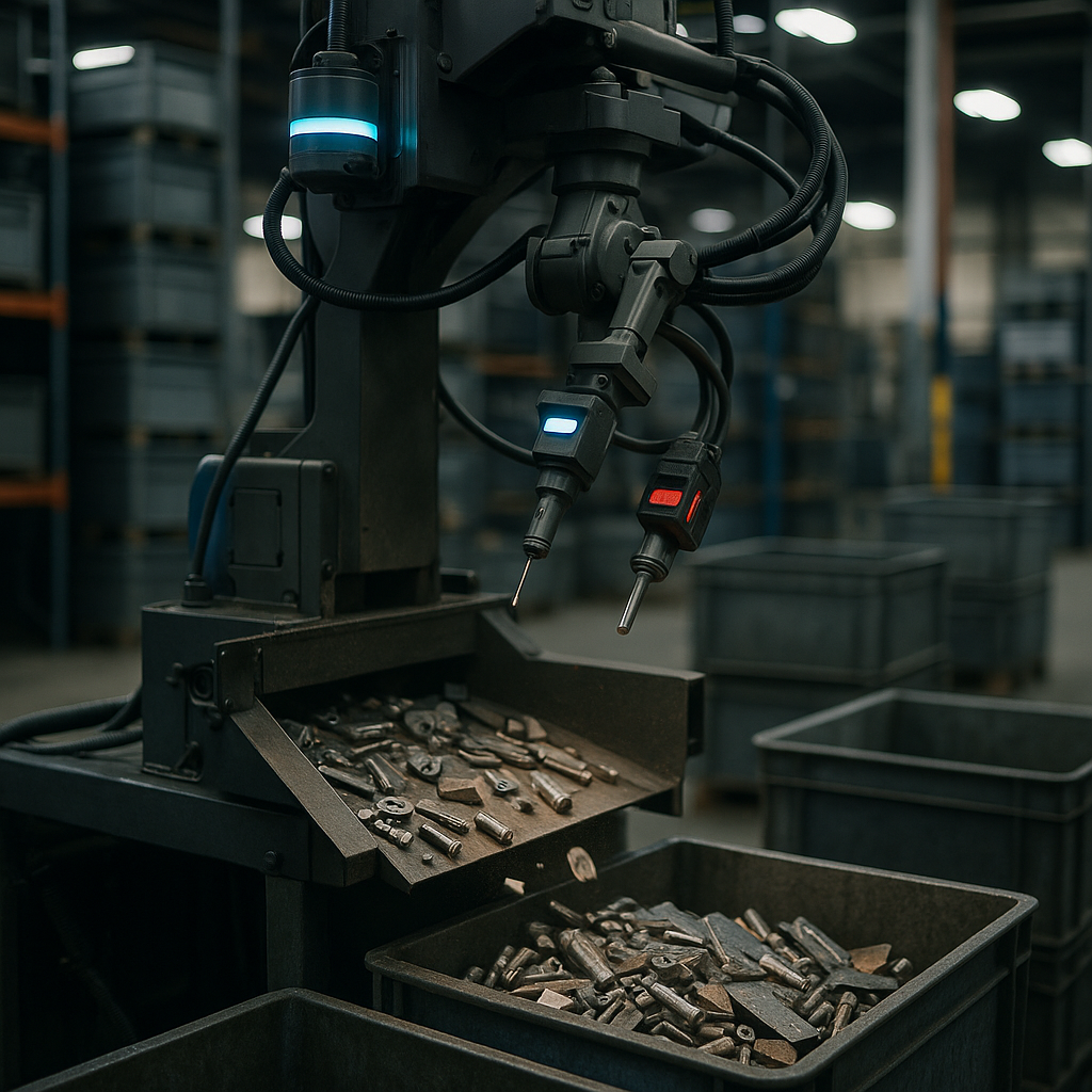 Automated sorting machine with advanced sensors and robotic arms sorting metals into bins under bright industrial lights.