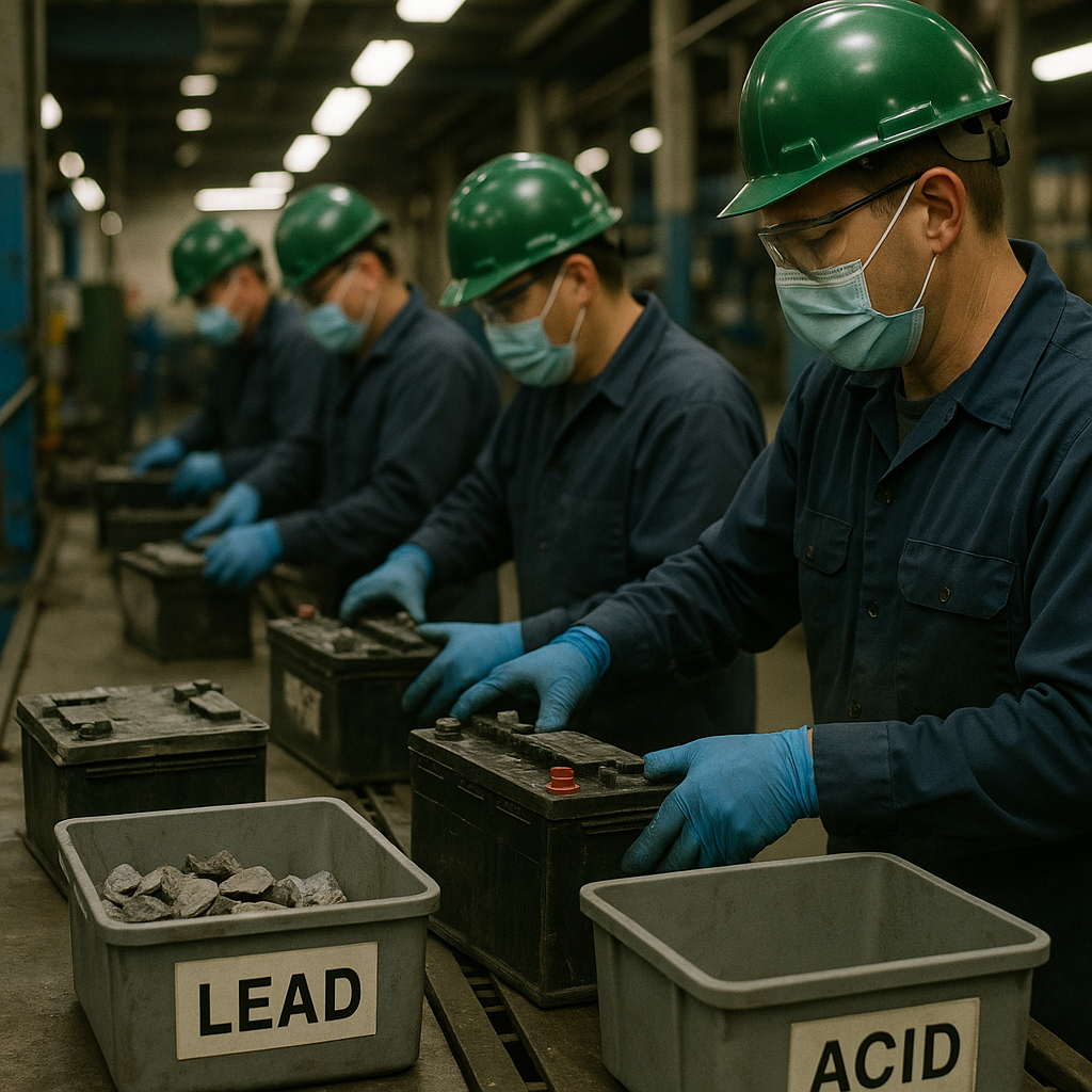 Dismantling Used Car Batteries in a Factory Workers in protective gear dismantling used car batteries on a factory line, with lead being separated and sorted in an industrial setting.