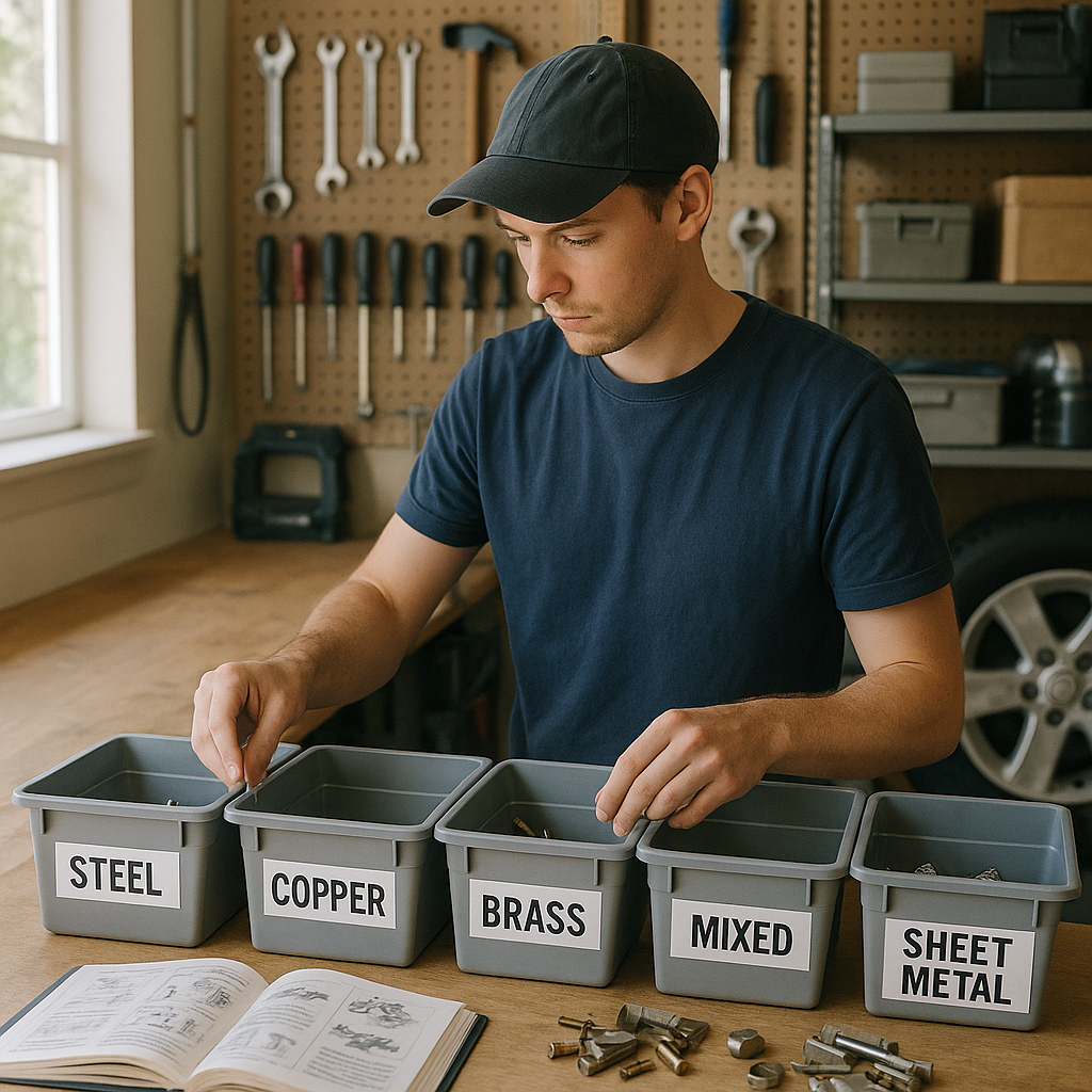 A beginner organizing collected metal pieces into bins in a tidy garage with a reference guide open on the workbench, illuminated by optimistic daylight.