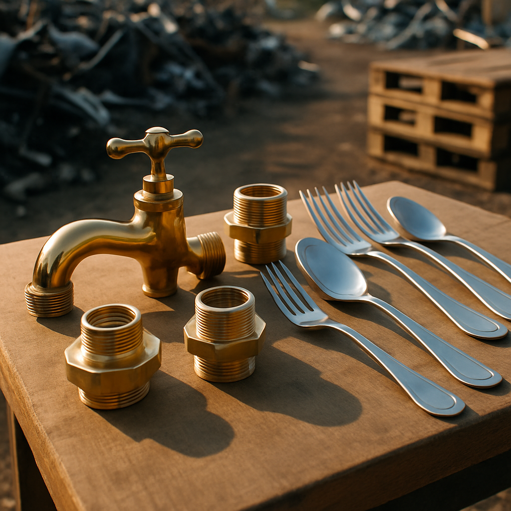 Brass and Stainless Steel at Scrap Yard Close-up of clean brass faucet parts and stainless steel cutlery on a table at a scrap yard, showcasing clear metal textures and realistic lighting.