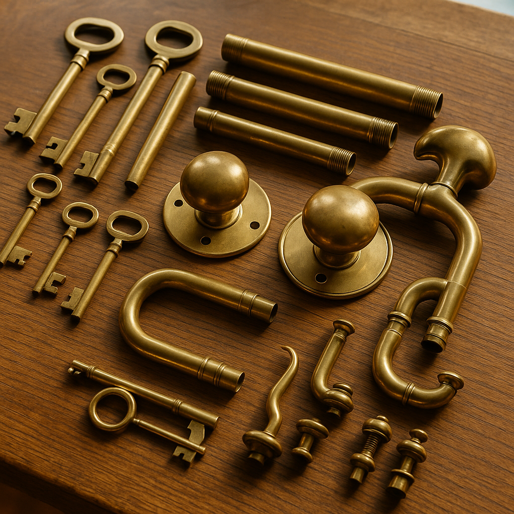 A variety of brass objects arranged on a wooden table, including keys, pipes, doorknobs, and musical instrument parts in clear natural light.