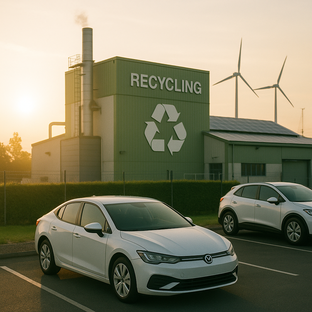 Sunrise Over Sustainable Progress Bright sunrise over a modern recycling plant with electric vehicles parked nearby, symbolizing sustainable progress.