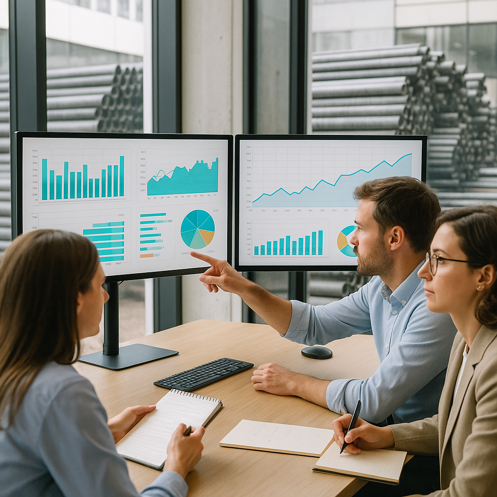 Business analysts reviewing metal recycling data charts on digital screens with steel bars in the background.