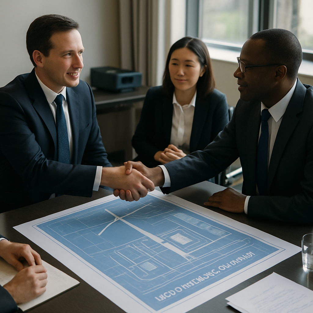 Collaboration on Wind Turbine Recycling Plans Business leaders and policymakers in suits shaking hands over blueprint plans of a wind turbine recycling plant, seated at a conference table.
