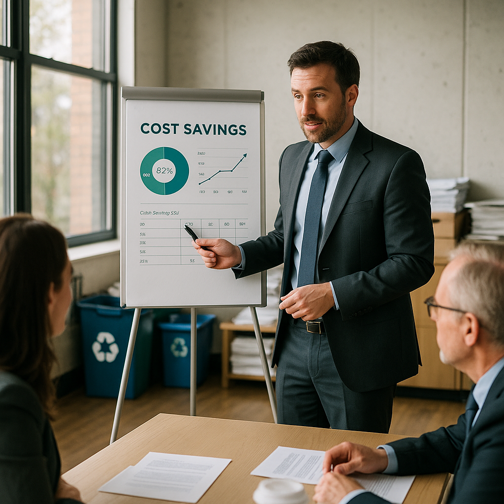 Business Manager Cost Savings Report Business manager presenting a cost savings report to colleagues in a modern office with recycling bins and paper stacks, illuminated by daylight.