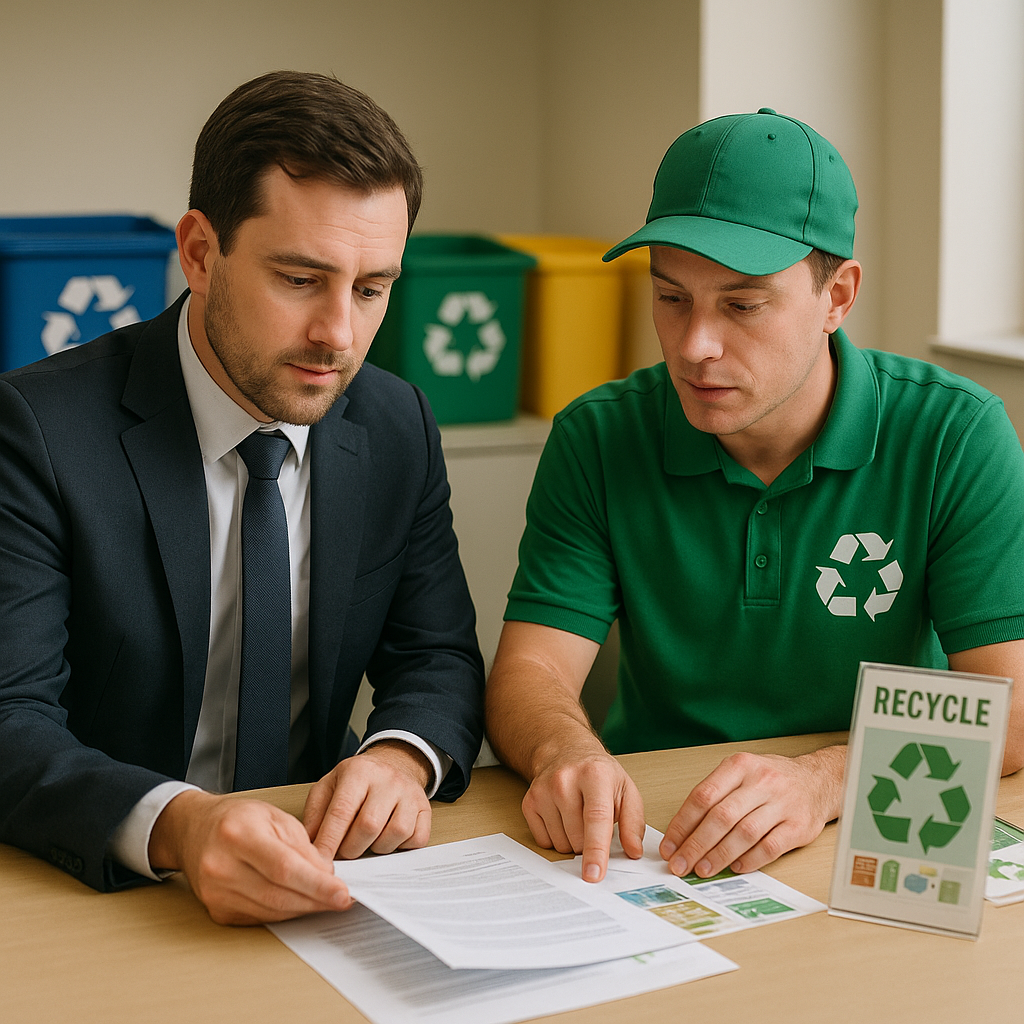 Business Manager Meeting with Recycling Service Representative Business manager discussing documents with recycling service representative over a table with recycling bins and brochures nearby.