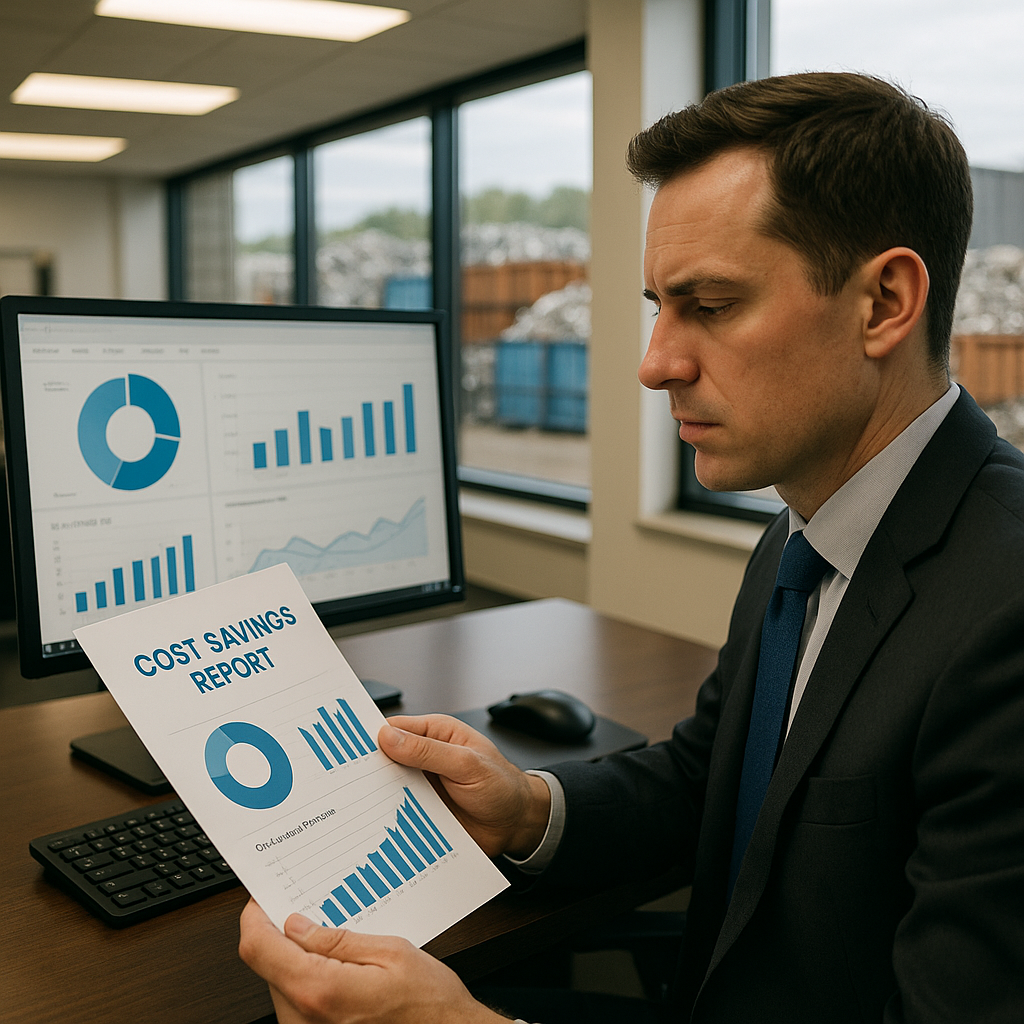 Business professional in an office reviewing a cost savings report with containers of sorted recycled metal in the background.