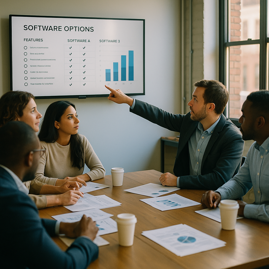 Business team reviewing software options on a conference room screen, pointing to charts and feature lists, with papers and coffee cups on the table.