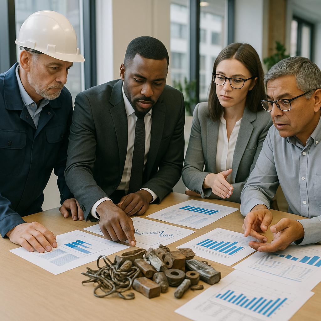 Diverse group of business professionals discussing scrap metal pieces and market charts in an office setting.