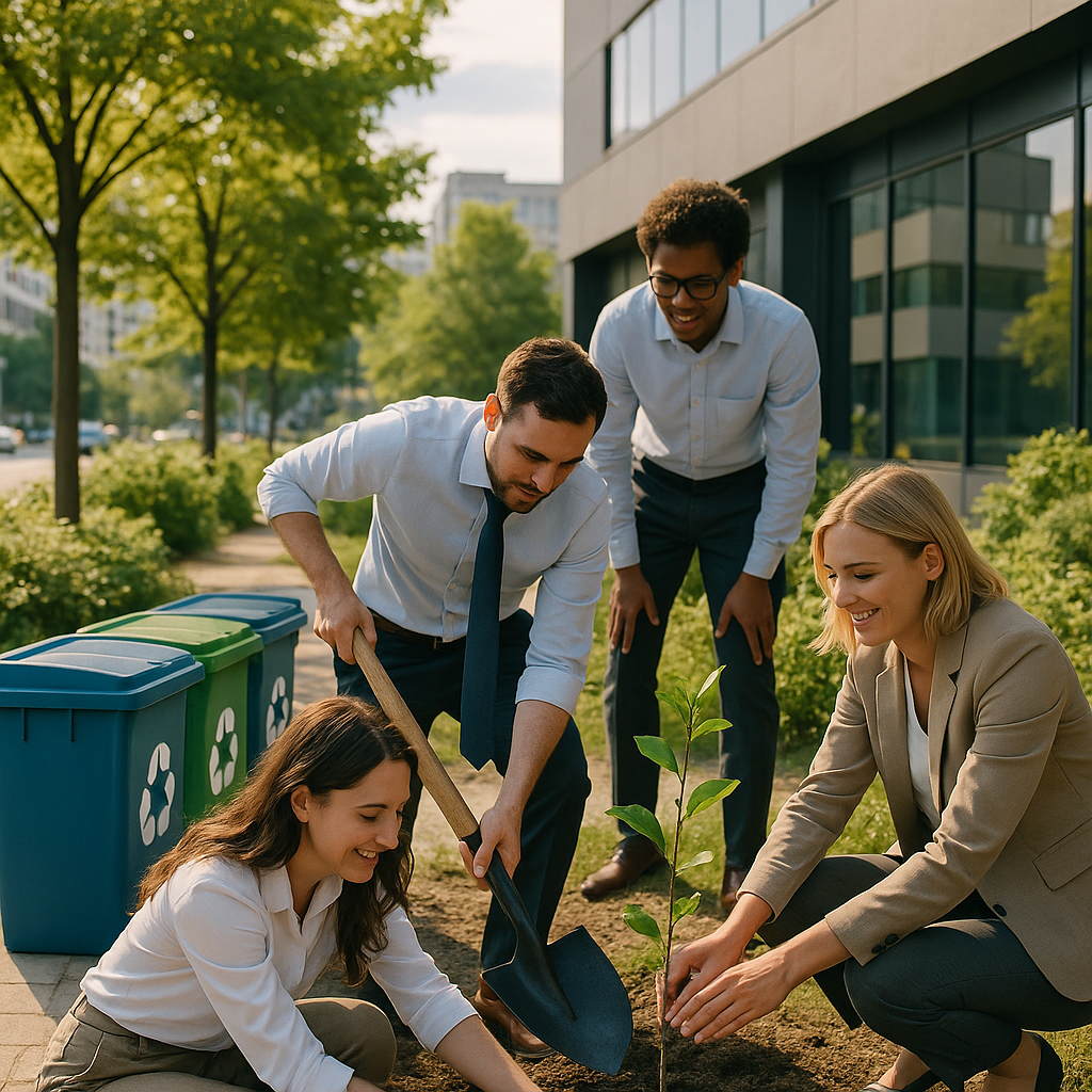 Team Planting Sapling and Recycling Efforts Business team planting a sapling beside organized recycling bins outside an office building in a sunlit green environment.