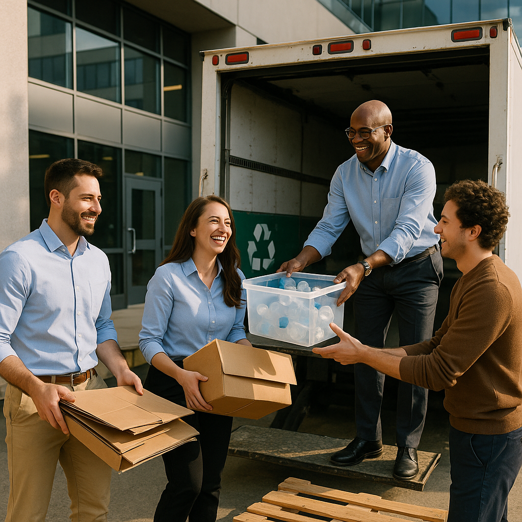 Business Workers Recycling at Loading Dock Business workers loading recyclables onto a recycling truck at a company loading dock, with employees smiling and a modern office building in the background.