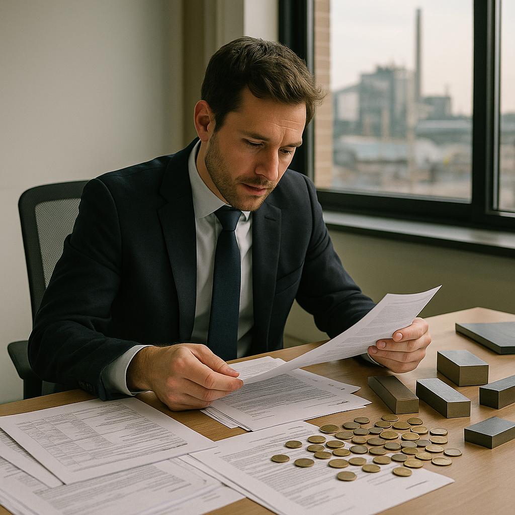 Businessman reviewing steel recycling profits at a desk covered in paperwork, coins, and steel samples with a factory visible through the window.
