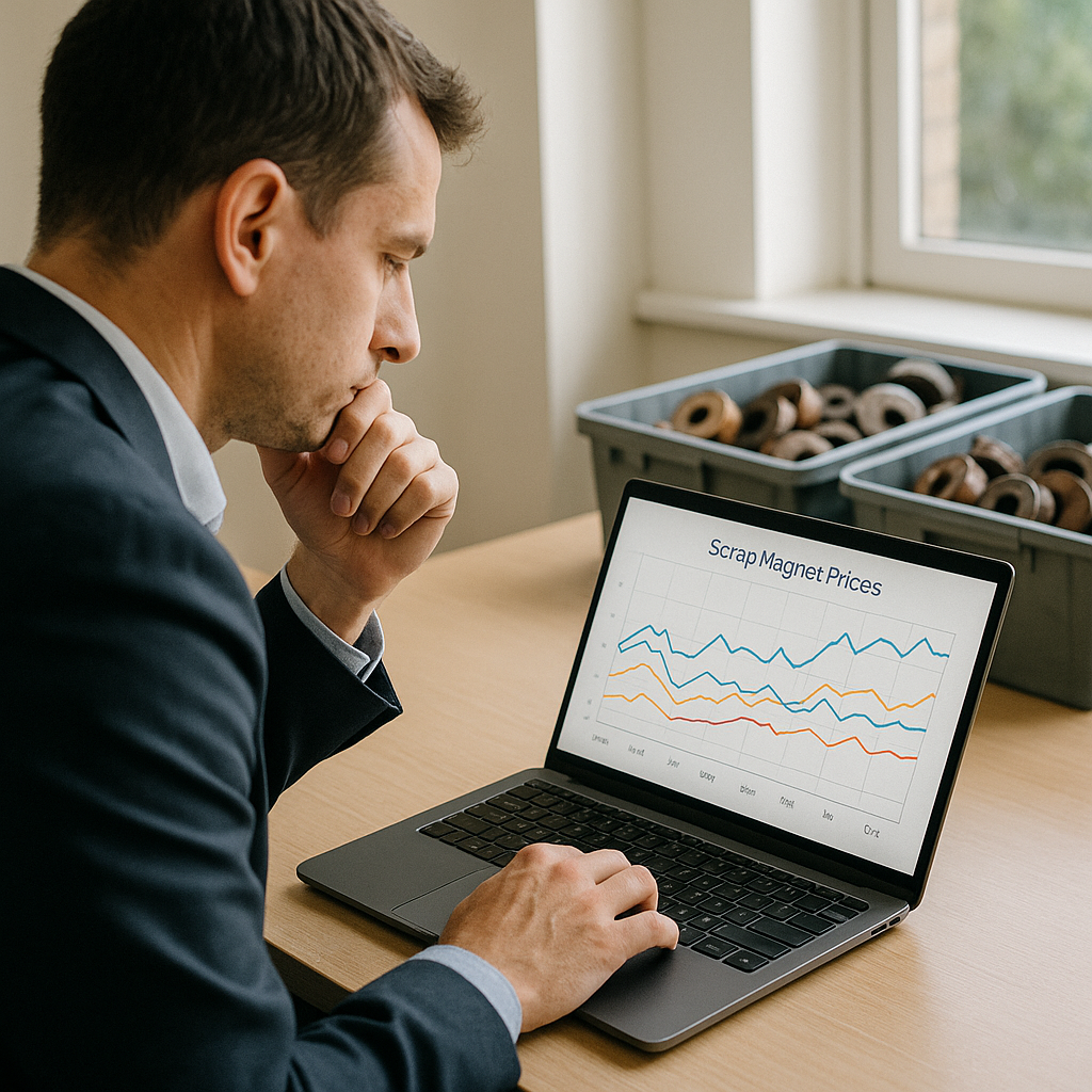 Businessperson Analyzing Scrap Magnet Prices Businessperson analyzing graphs of scrap magnet prices on a laptop in an office with bins of old magnets nearby, showing a thoughtful expression.