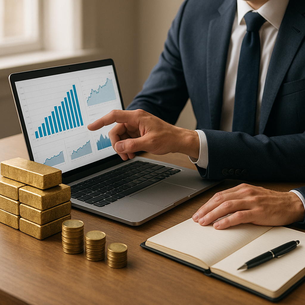 Businessperson reviewing financial graphs beside a pile of processed brass ingots with stacked coins on the desk, illuminated by natural light.