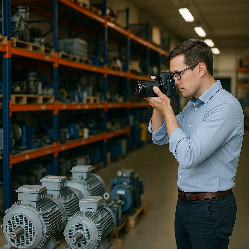 Businessperson Taking Photos of Machinery Businessperson photographing clean machinery in a warehouse for online sales