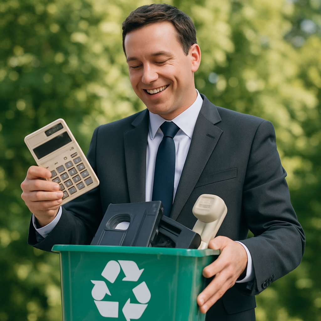 Businessperson Recycling Old Electronics Businessperson smiling while placing old electronics into a recycling bin, surrounded by lush green trees in daylight.