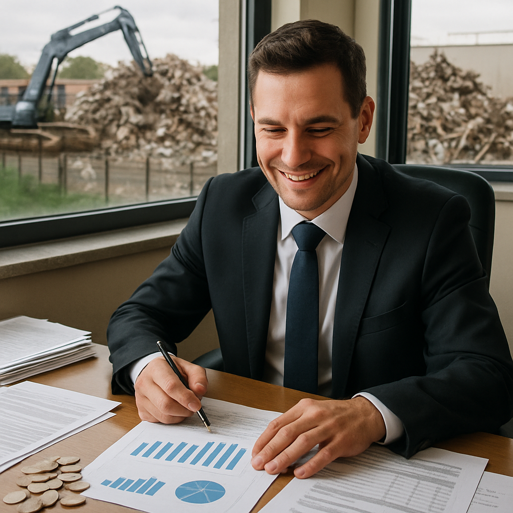 Businessperson smiling while reviewing financial charts at a desk, with a metal recycling facility visible through the office window and coins and documents on the desk.