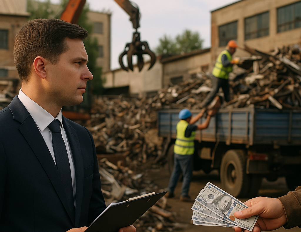 Businessperson with a clipboard overseeing a busy scrap metal yard with workers loading metal onto trucks and industrial buildings in the background.