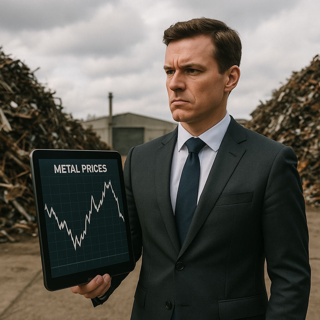 Businessperson standing at a crossroads in front of a fluctuating metal prices chart and piles of scrap metal, with a determined expression against a cloudy sky.