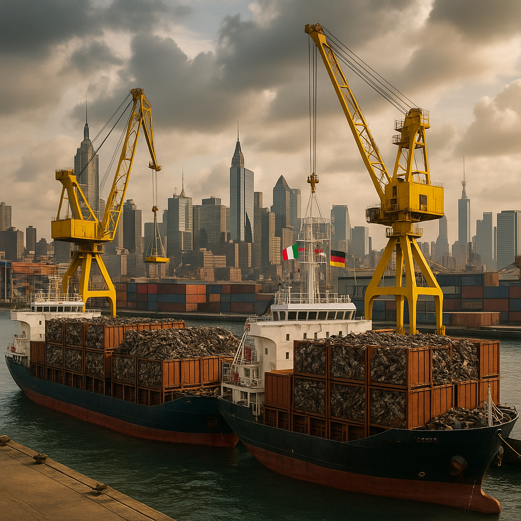 Cargo ships loaded with scrap metal containers in a busy international port with a skyline in the background and flags from multiple countries under a dramatic sky.