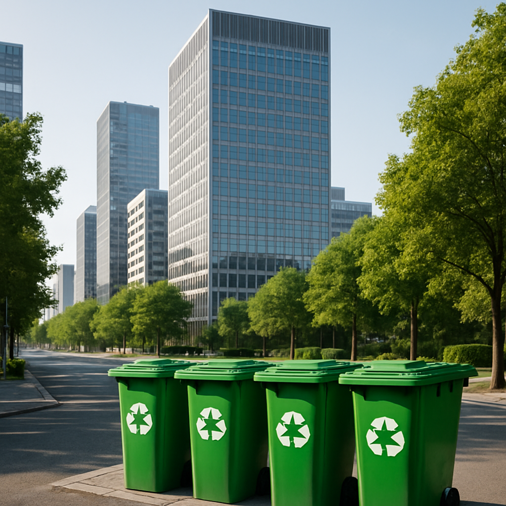 Clean City Skyline with Sustainable Features A clean city skyline featuring corporate offices, green recycling bins, and healthy trees under a clear sky, showcasing a visible reduction in nearby waste.