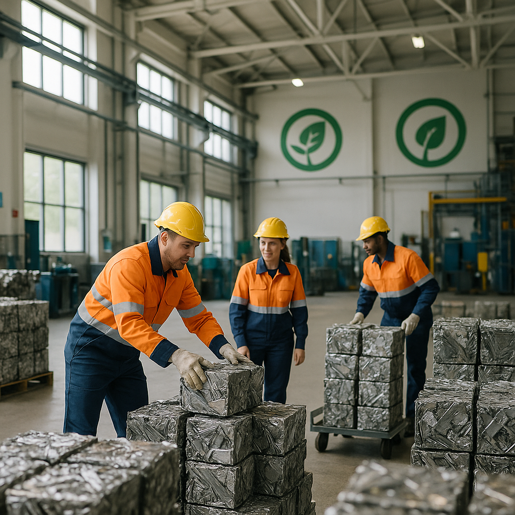 Clean factory with piles of recycled metal ready for smelting, featuring green energy symbols and workers showcasing efficiency in a bright and eco-friendly atmosphere.