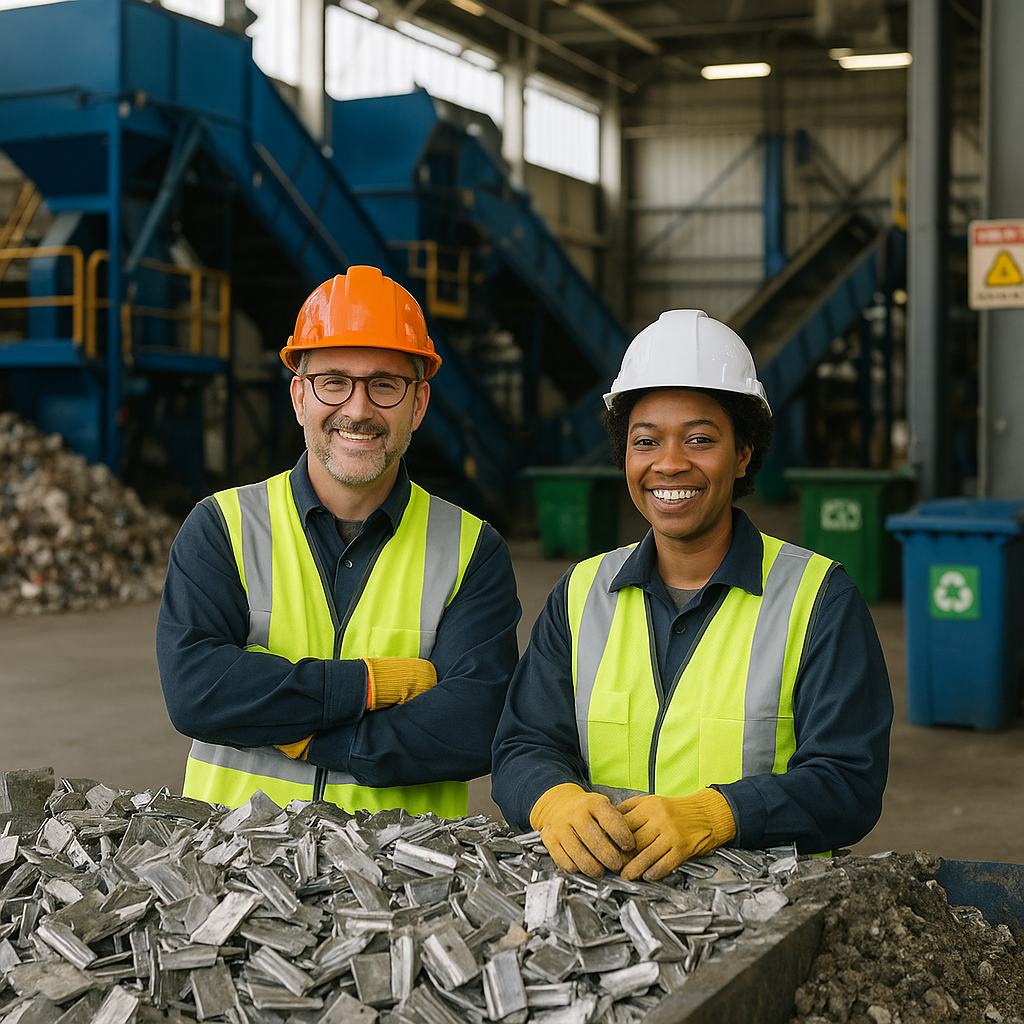 Modern Metal Recycling Facility Sorted piles of clean metal separated from other recyclables in a modern facility, with efficient machinery and satisfied workers supervising the process.