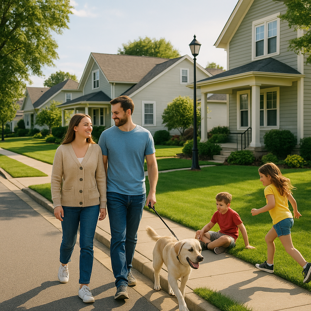 Happy Residents in a Litter-Free Neighborhood Clean and tidy neighborhood with happy residents enjoying a litter-free environment in bright natural light.