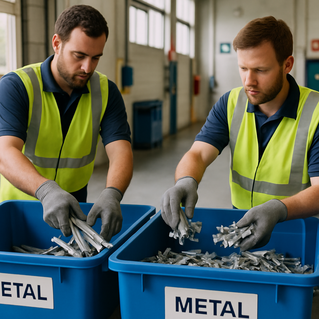 Workers Sorting Metal Scraps in Recycling Facility Close-up of sorted metal scraps being placed into recycling bins at a clean recycling facility with workers wearing gloves and bright lighting.
