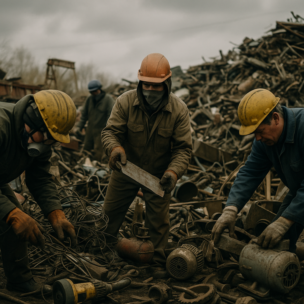 Cluttered Scrap Yard with Workers Cluttered scrap yard filled with mixed metals and worn equipment, with workers sorting through materials under an overcast sky.