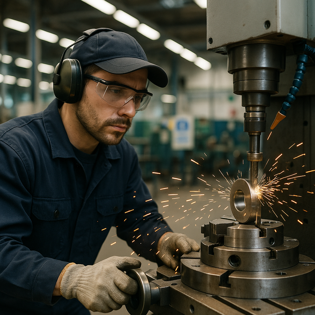 Worker operating a CNC machine shaping a metal part in a modern factory, with sparks flying in a realistic industrial setting.
