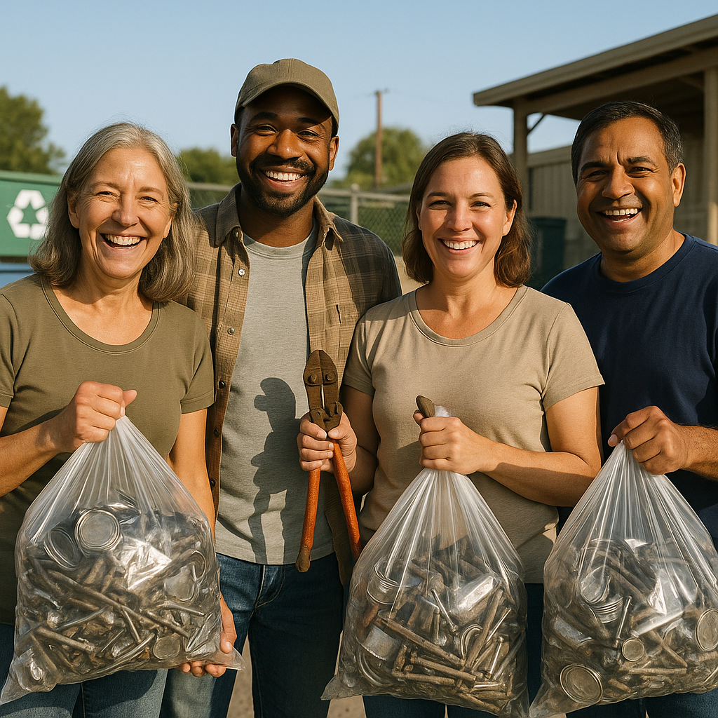 Smiling community members holding bags of collected metal scrap at a local recycling center under a clear blue sky.