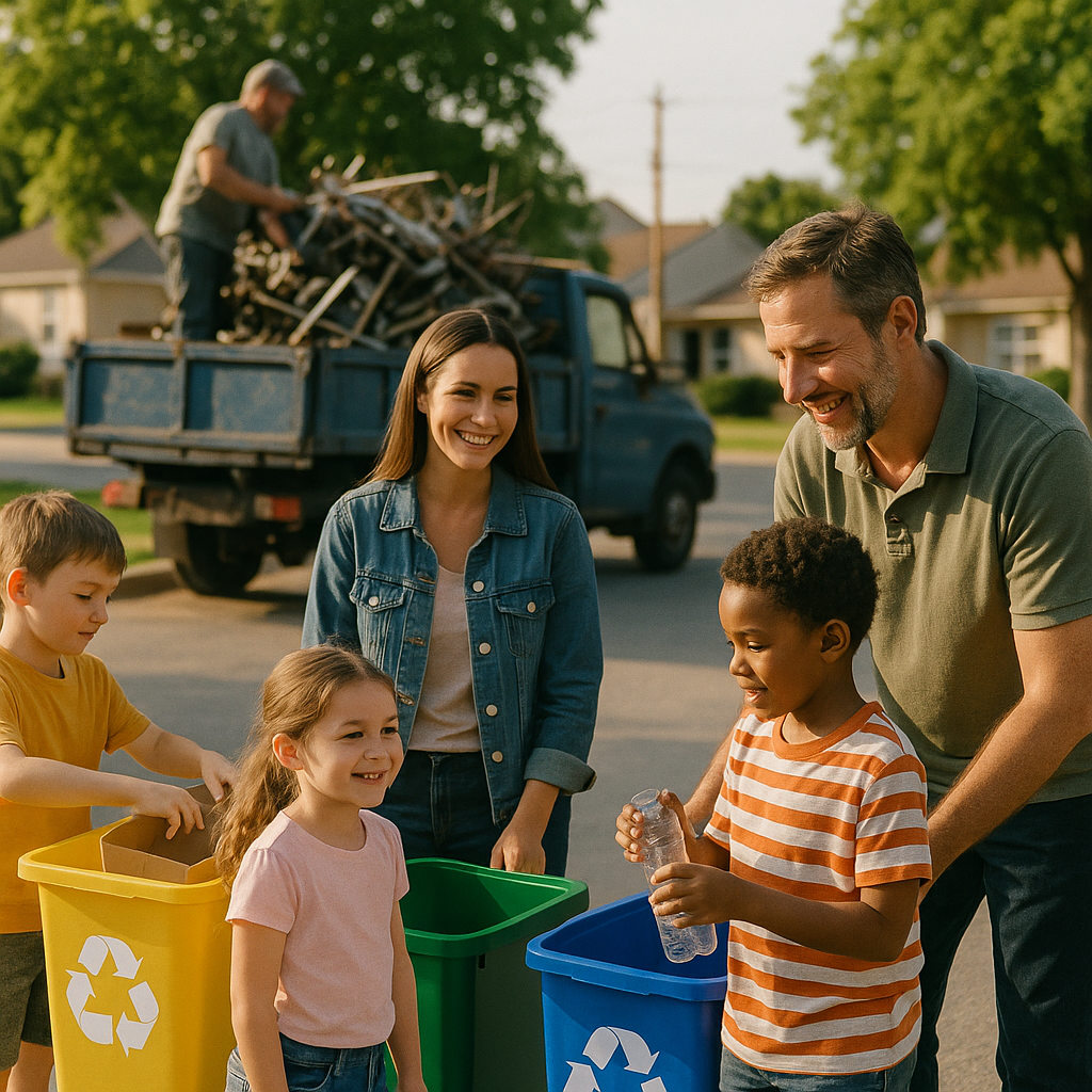 Community Sustainability Initiatives Children and adults participating in recycling efforts in a clean neighborhood with green trees and a truck collecting metal scrap.
