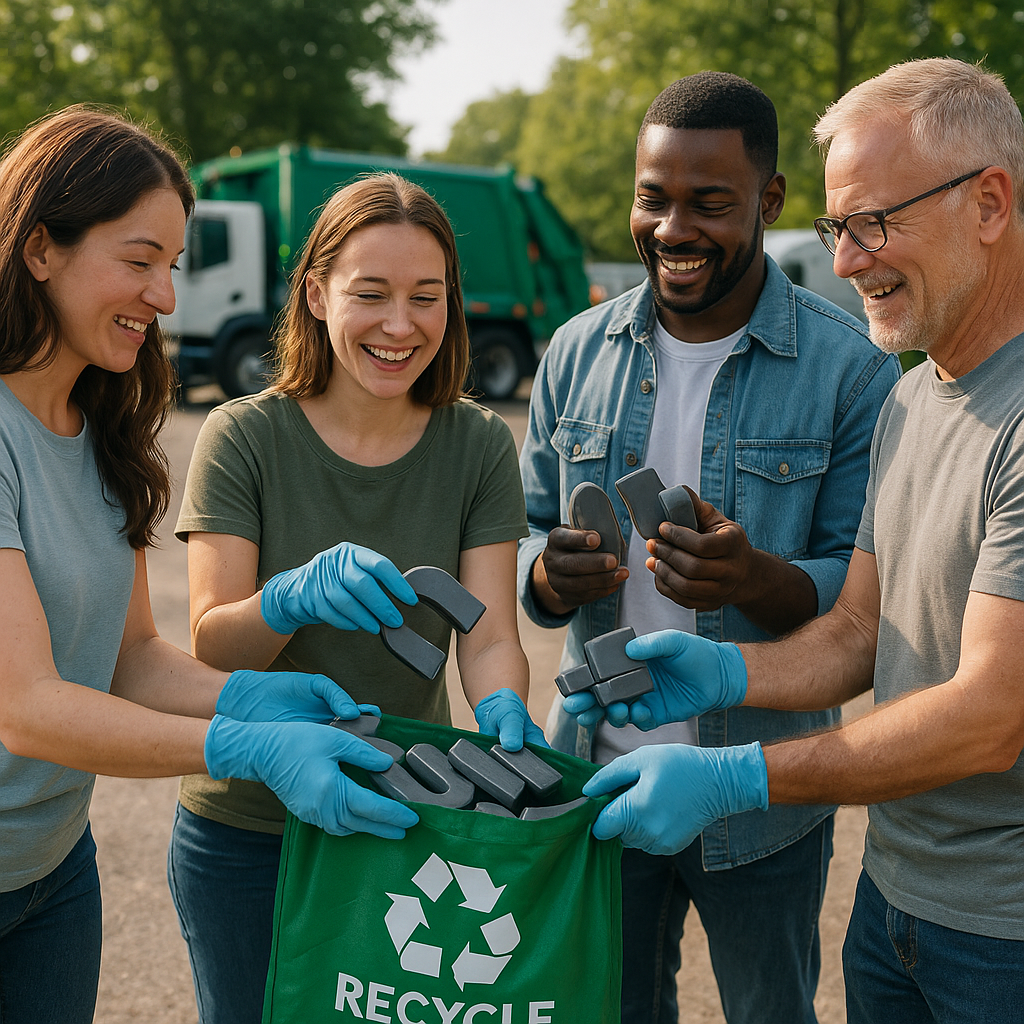 Community Clean-Up Team Collecting Magnets for Recycling Community clean-up team collecting used magnets for recycling, smiling together outdoors with recycling trucks and green trees in the background, conveying a hopeful mood